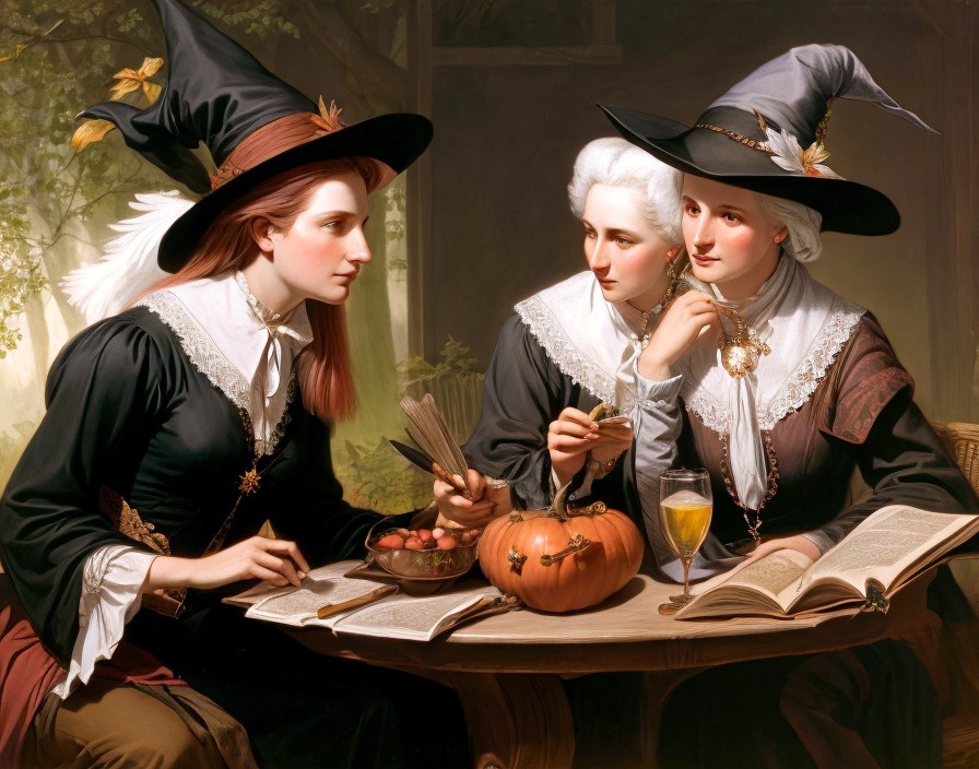 Witches in Elegant Attire Gather Around a Table