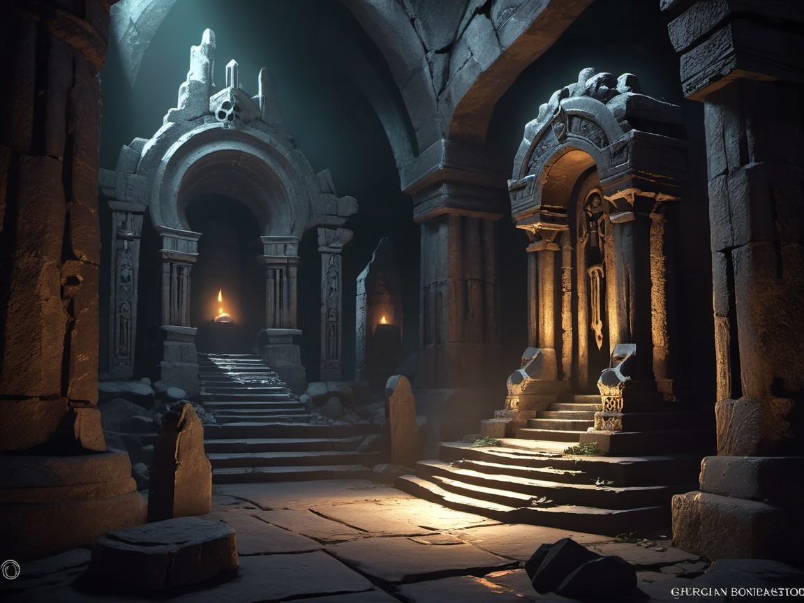Ancient Underground Chamber with Arches and Carvings