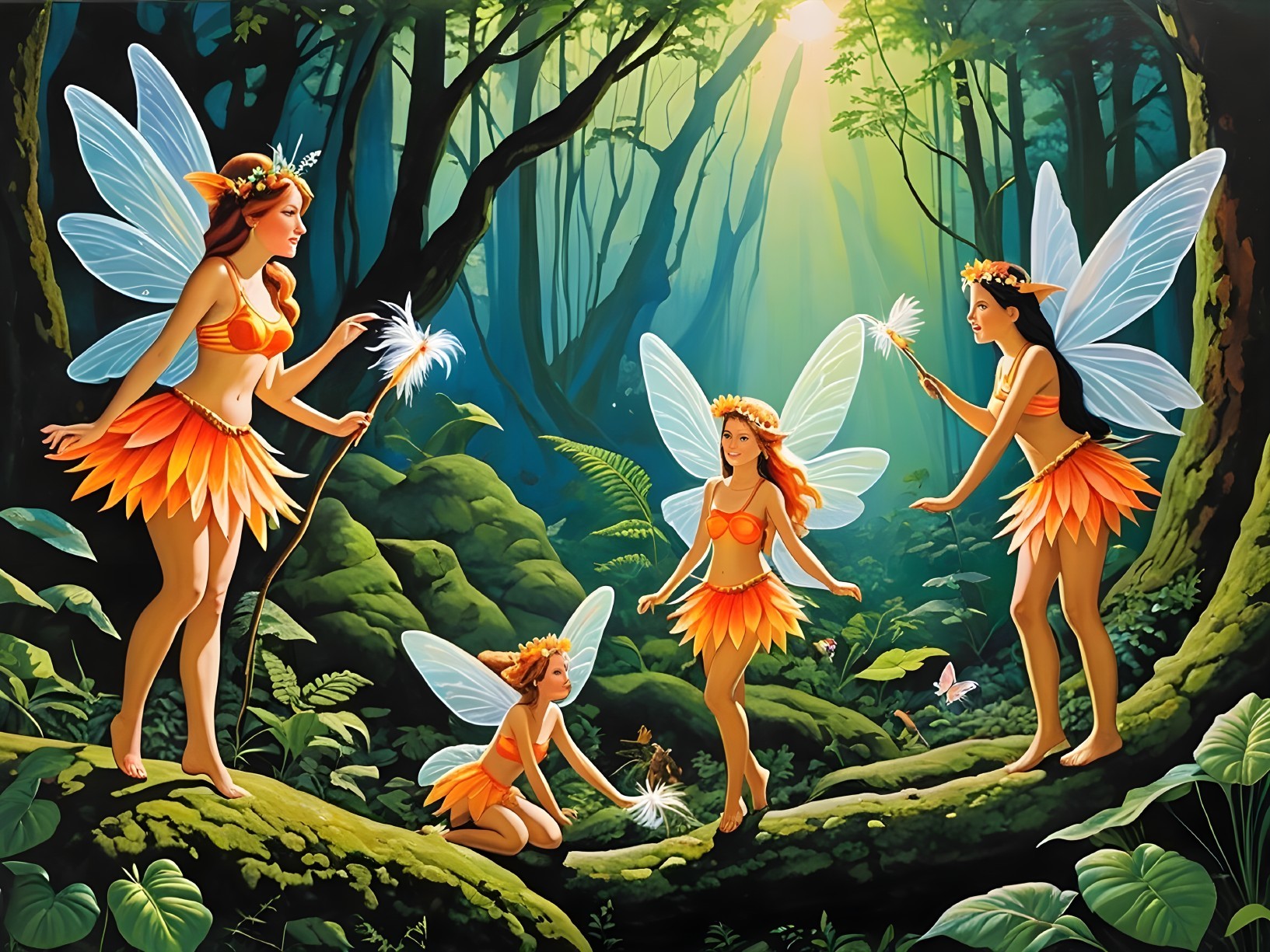 Fairies in a mystical forest with glowing wands