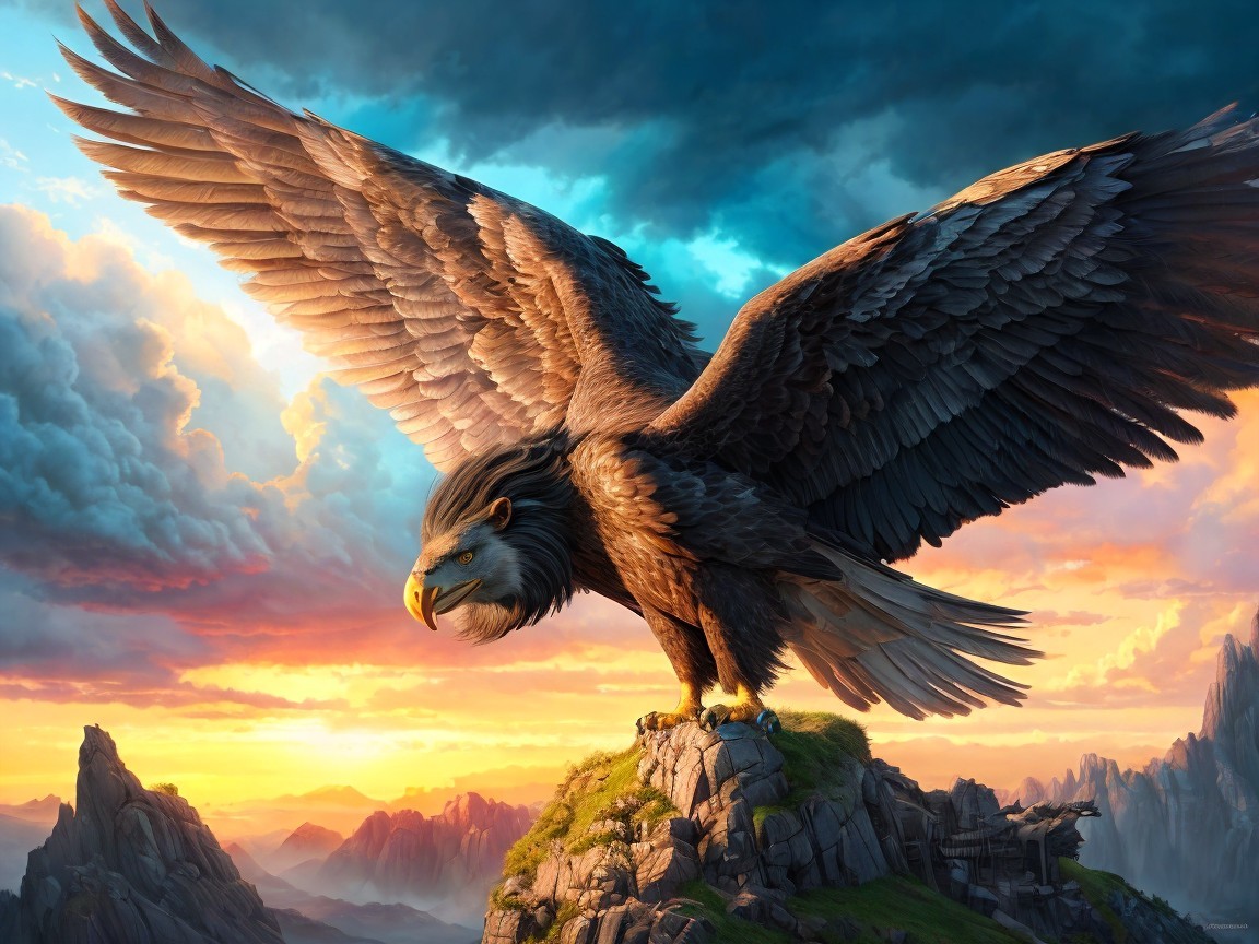 Eagle on Rocky Perch with Vibrant Sunset Background