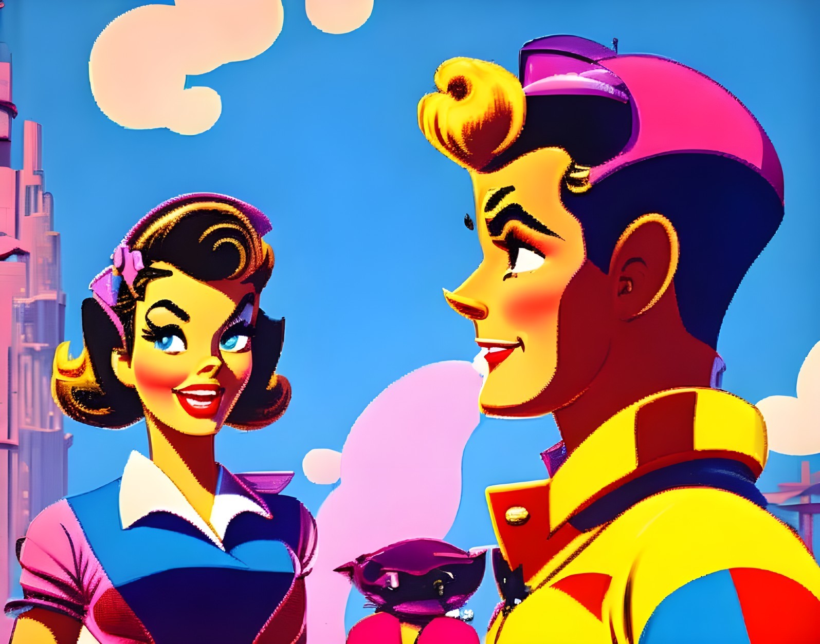 Cartoon Scene of Stylish Couple in Playful Setting