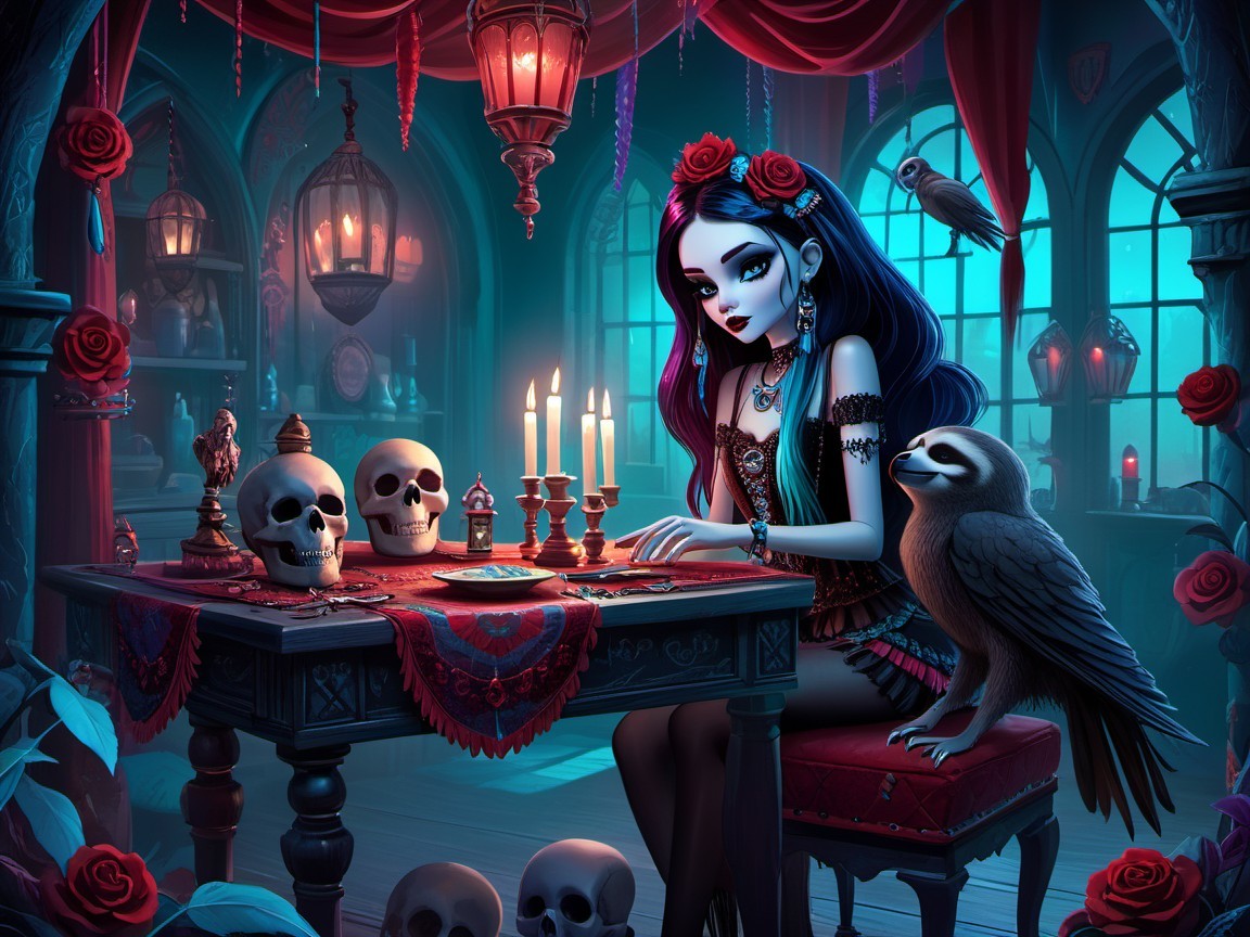 Gothic Room with Tarot Cards and Enigmatic Atmosphere