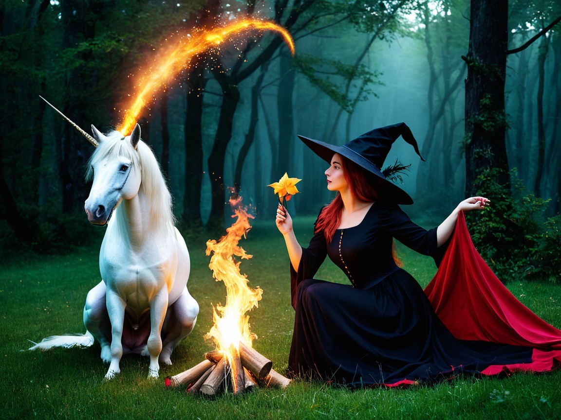 Witch and Unicorn in Enchanted Forest Setting