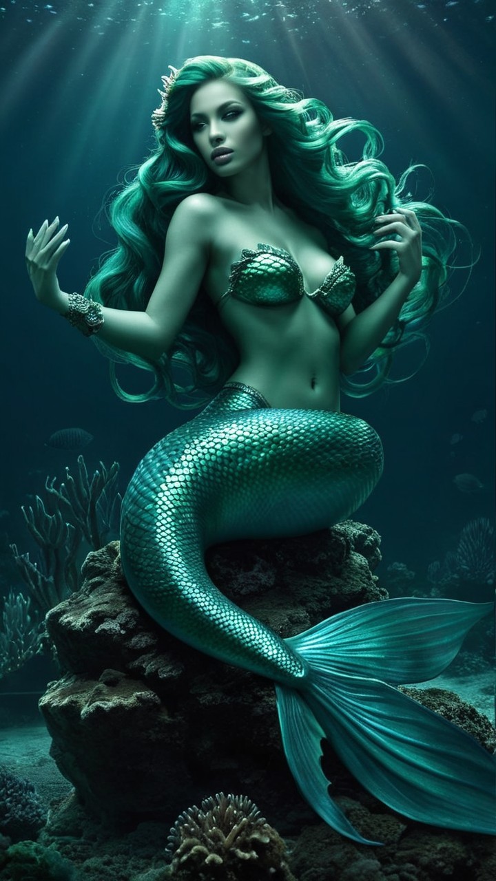 Mermaid with Teal Hair in Underwater Scene
