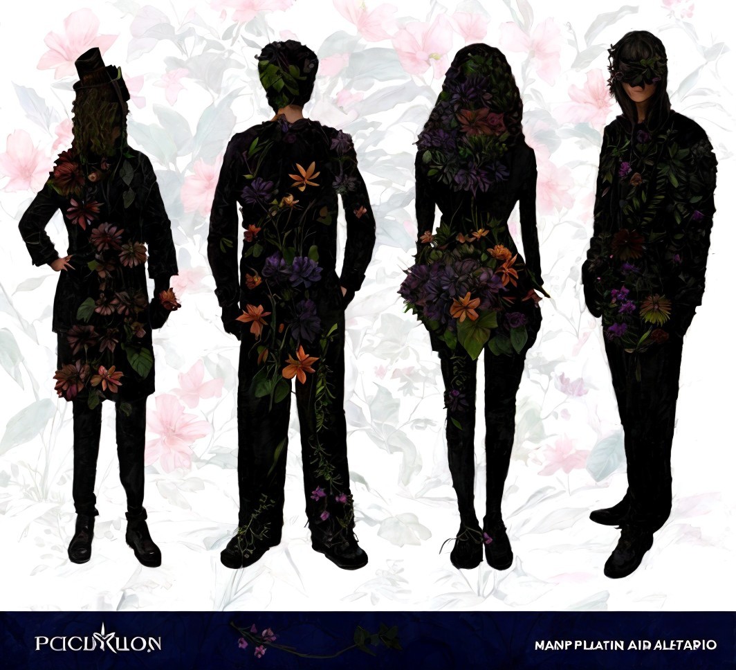 Silhouetted Figures with Floral Patterns on White Background