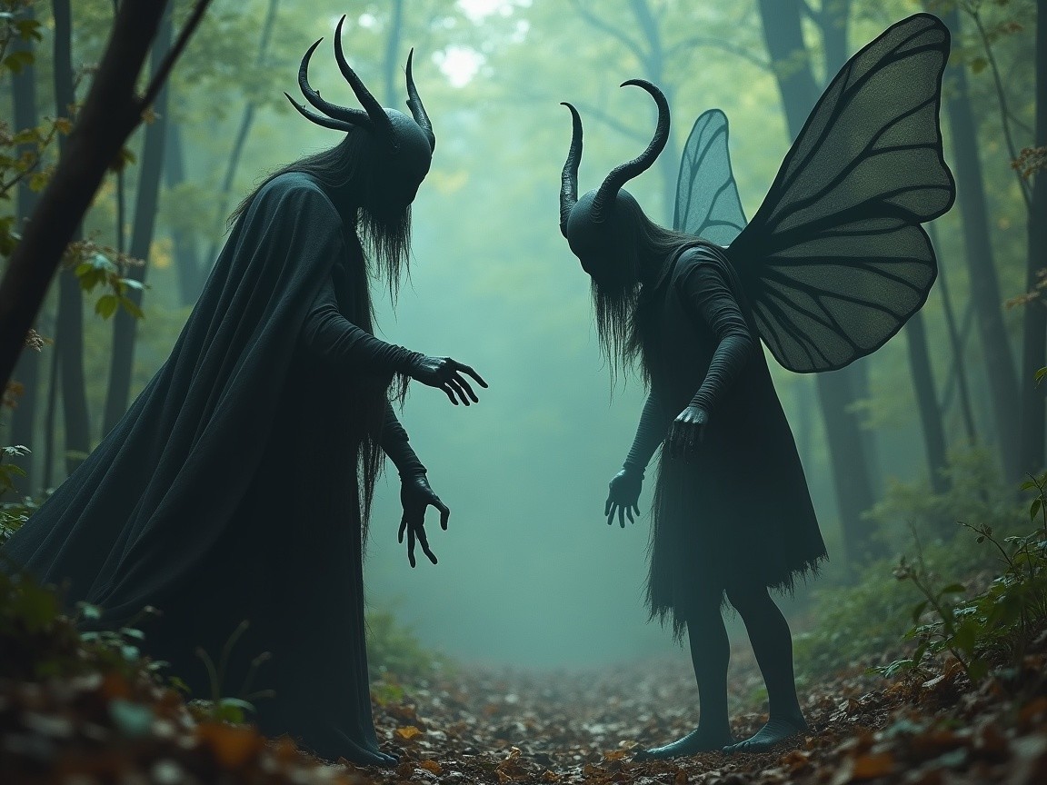 Mysterious Figures in a Misty Forest Encounter