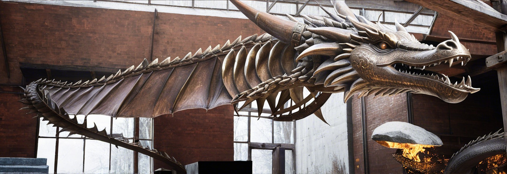 Majestic dragon with metallic scales in industrial setting