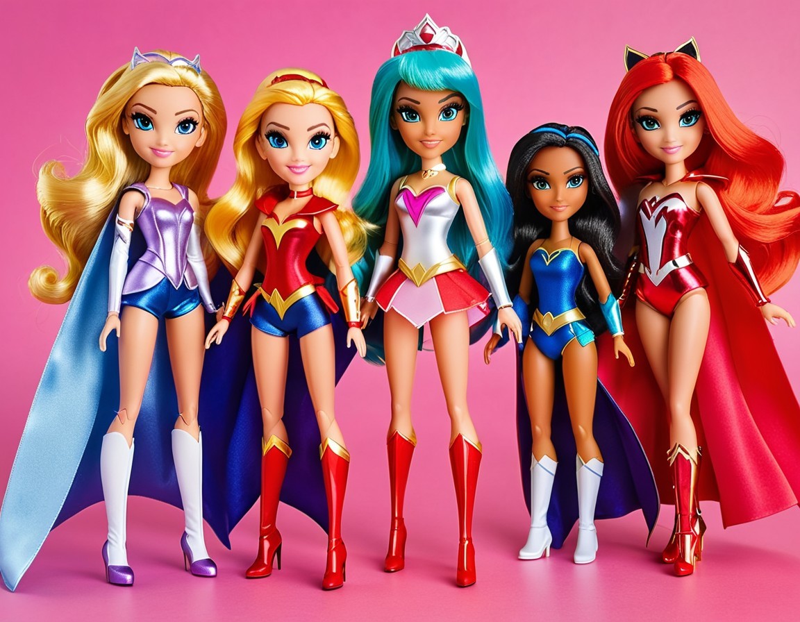 Colorful superhero dolls against a pink background
