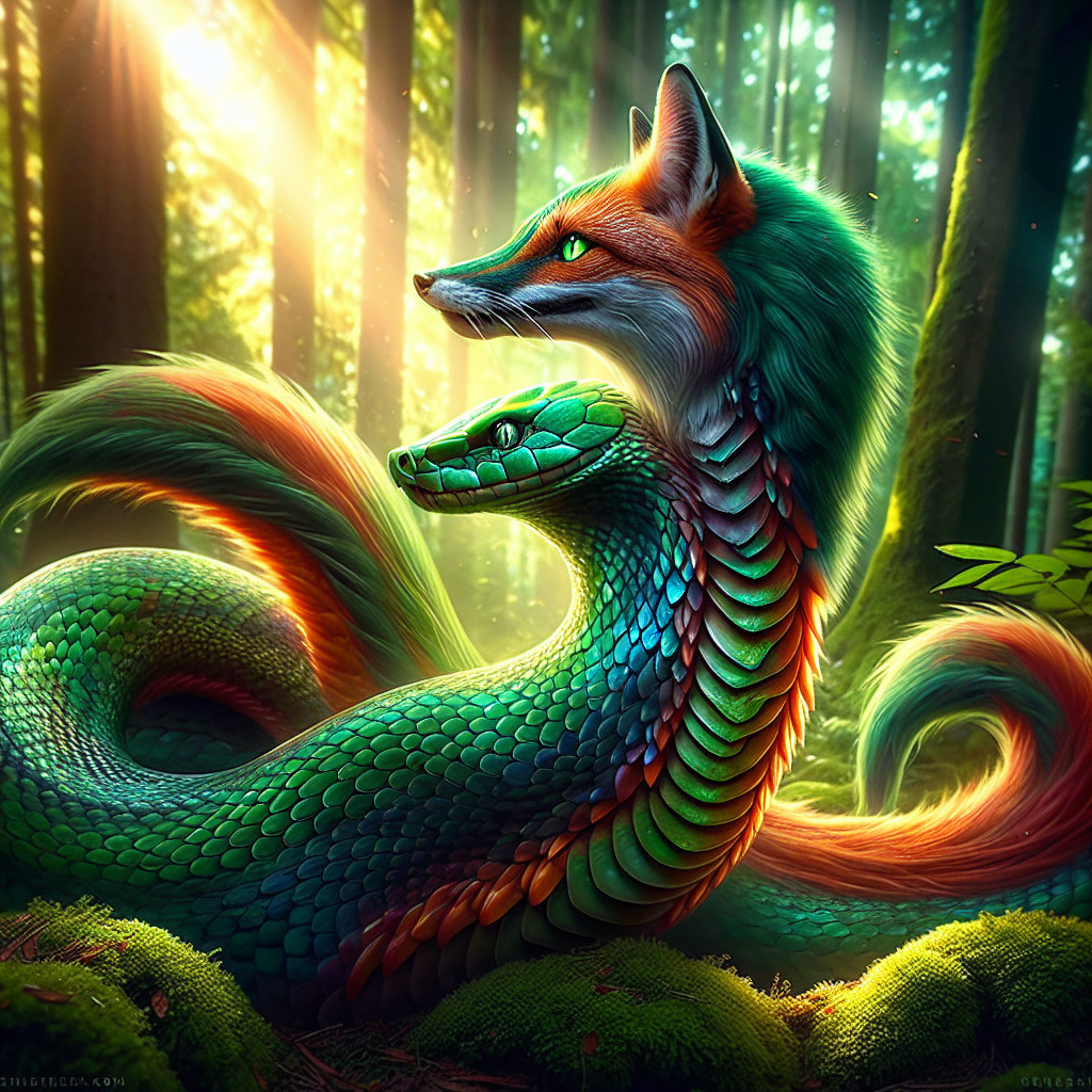 Hybrid Creature of Fox and Snake in Mystical Forest