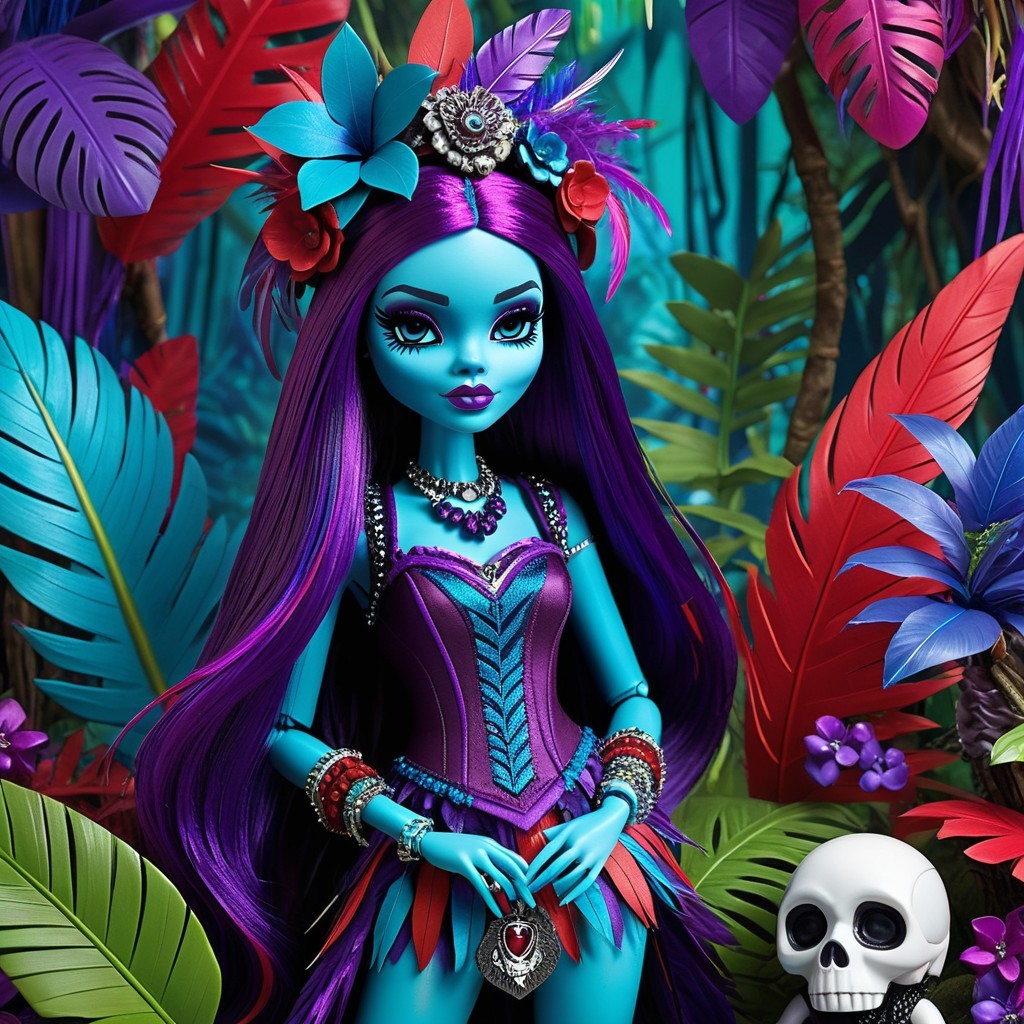 Vibrant Blue-Skinned Doll in Jungle Setting