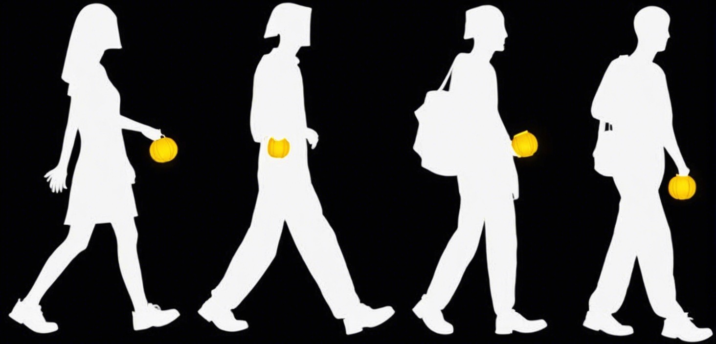 Silhouetted Figures with Pumpkin Lanterns on Black Background