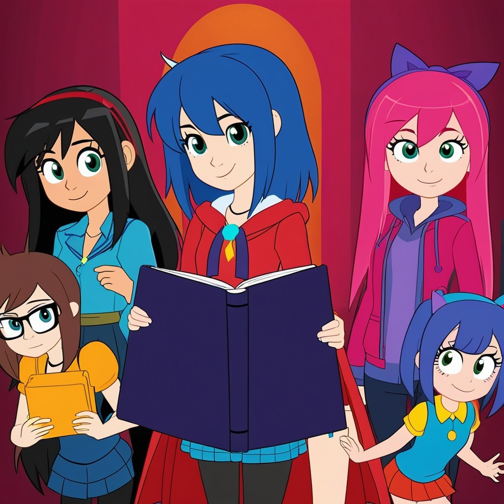 Vibrant Illustration of Five Animated Girls in Adventure