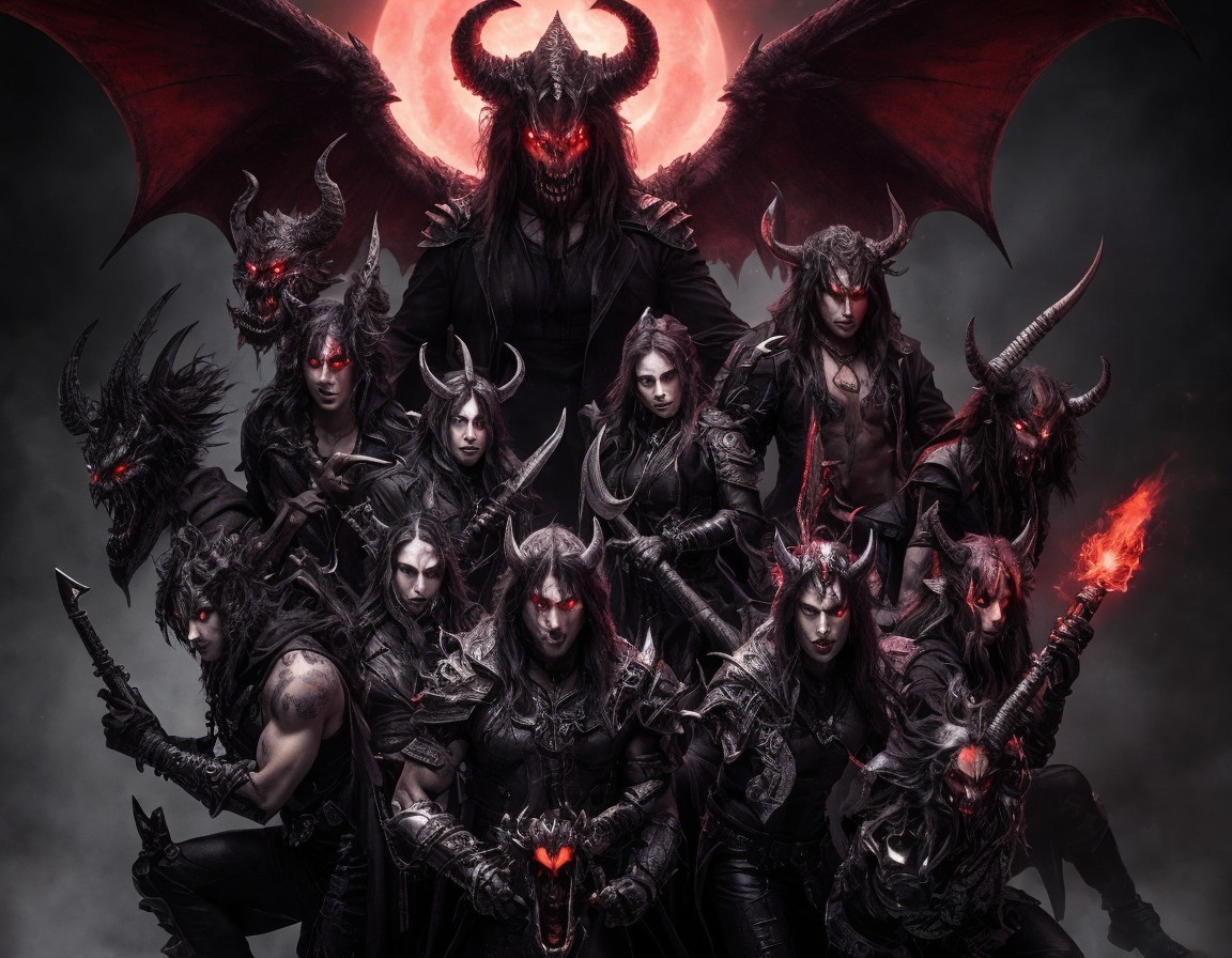 Gothic Figures with Red Moon and Ominous Atmosphere