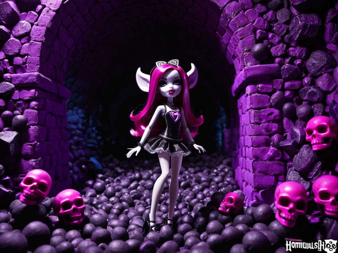 Stylish Doll in Gothic Environment with Pink Skulls