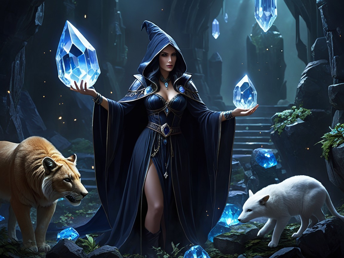 Sorceress in a Cave with Glowing Crystals and Wildlife