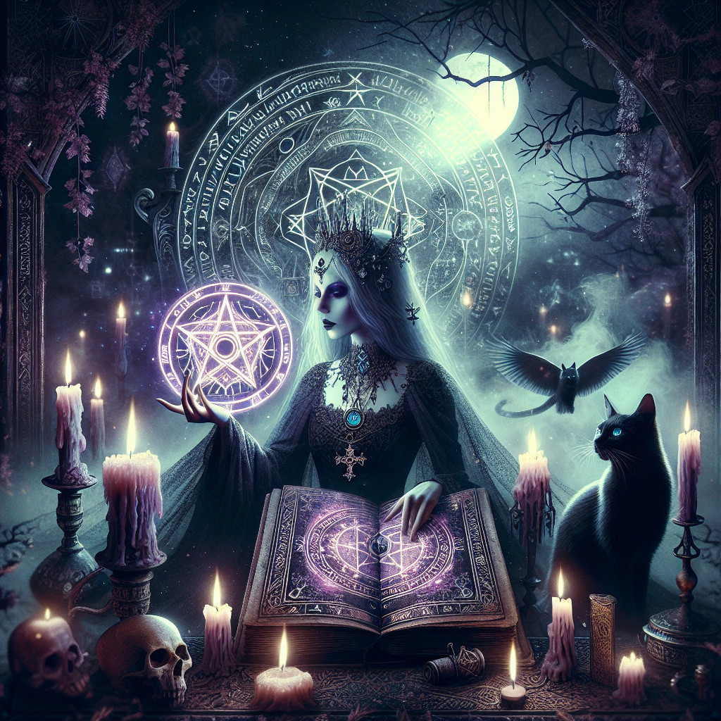 Sorceress with Ancient Tome in Mystical Setting