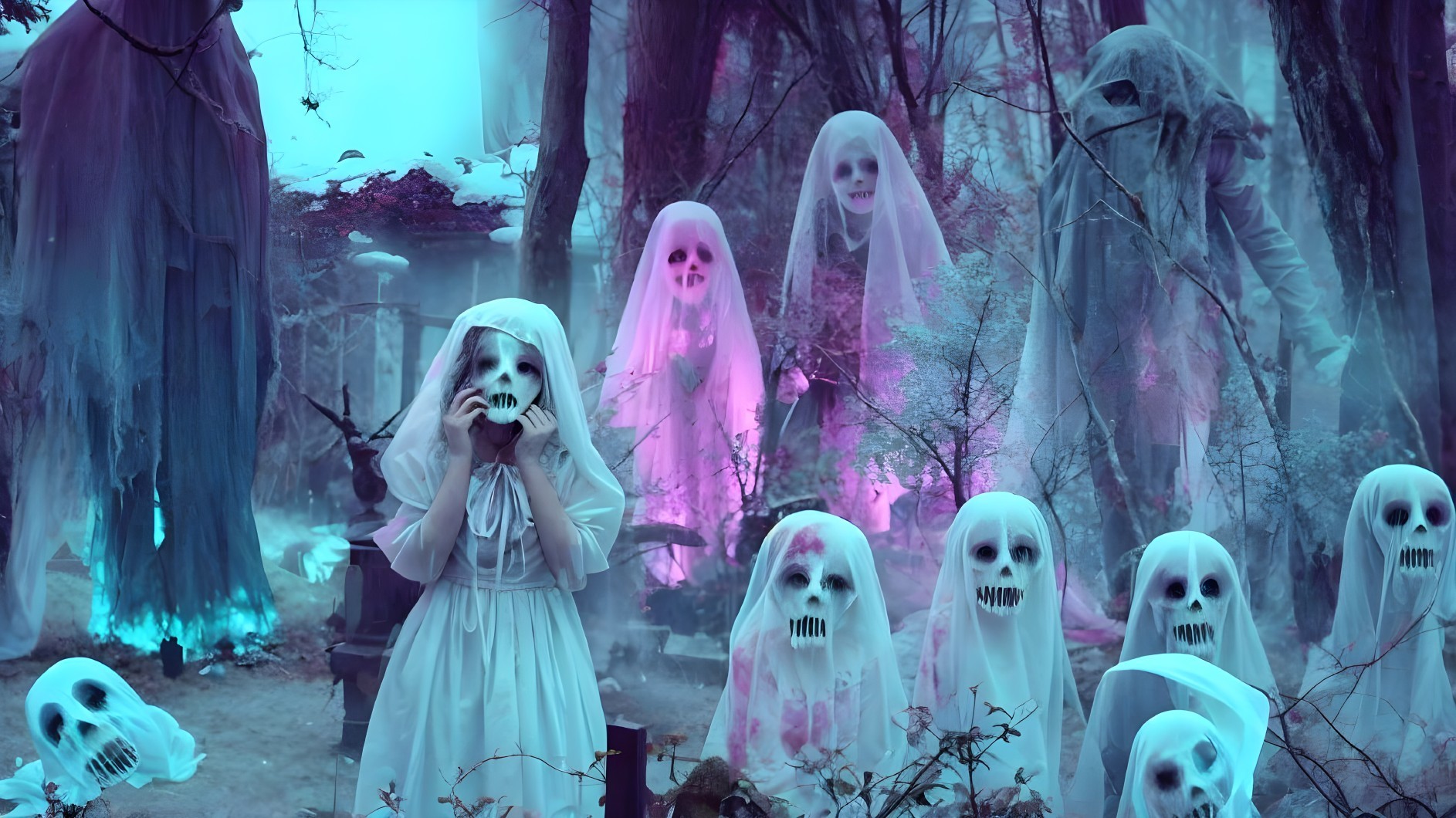 Eerie Forest Scene with Ghostly Figures and Fog