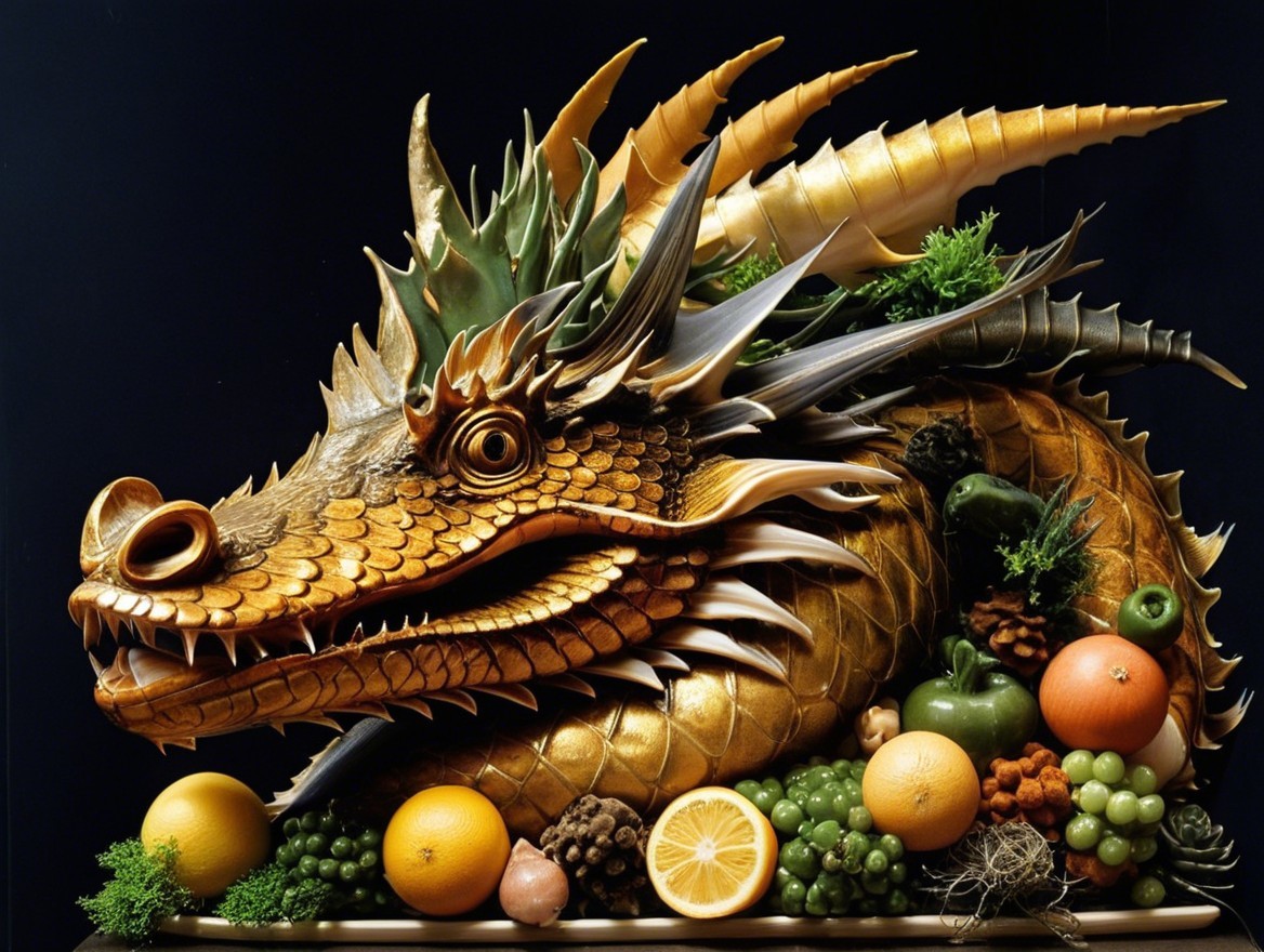 Elaborate Dragon Sculpture with Fruits and Vegetables