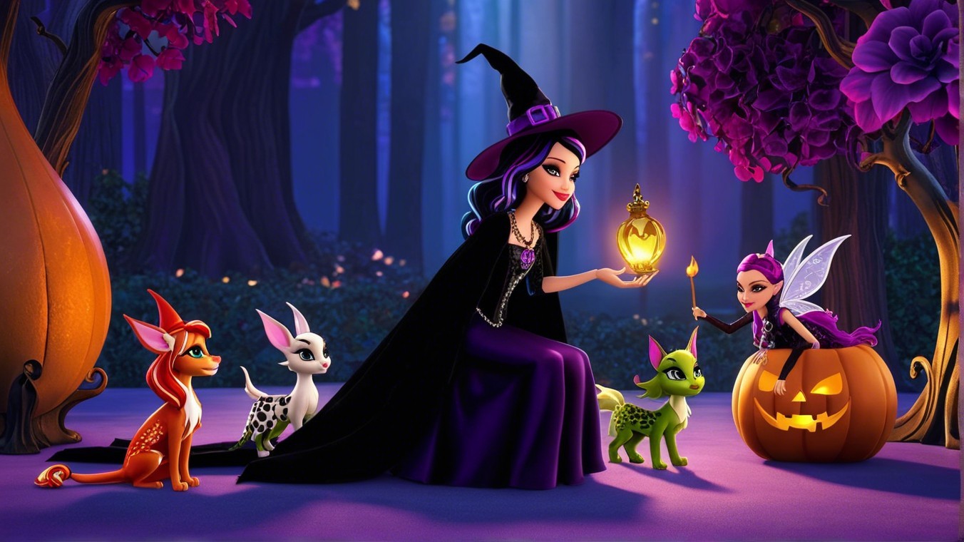 Whimsical Forest Scene with Stylish Witch and Creatures