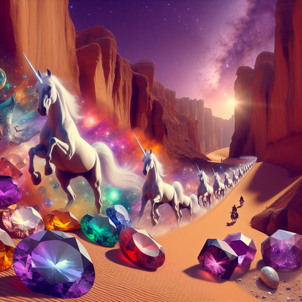 Unicorns in a Vibrant Canyon Under Cosmic Sky