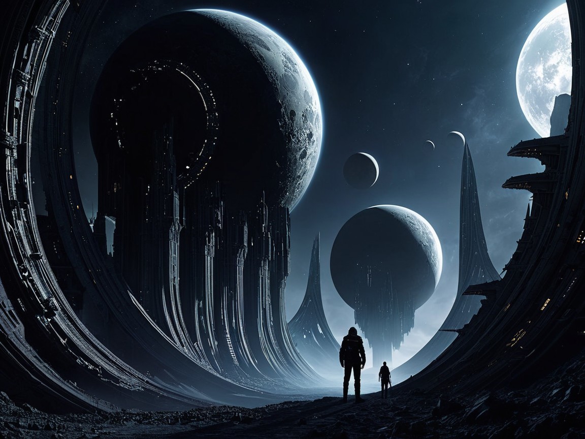 Cosmic Landscape with Figures and Celestial Bodies