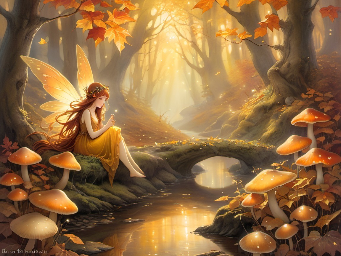 Fairy in Autumn Forest by Shimmering Stream