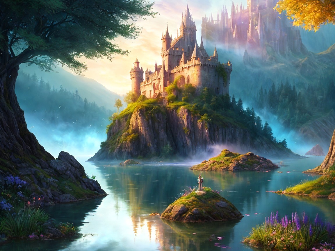 Majestic Castle on a Lush Island Surrounded by Water