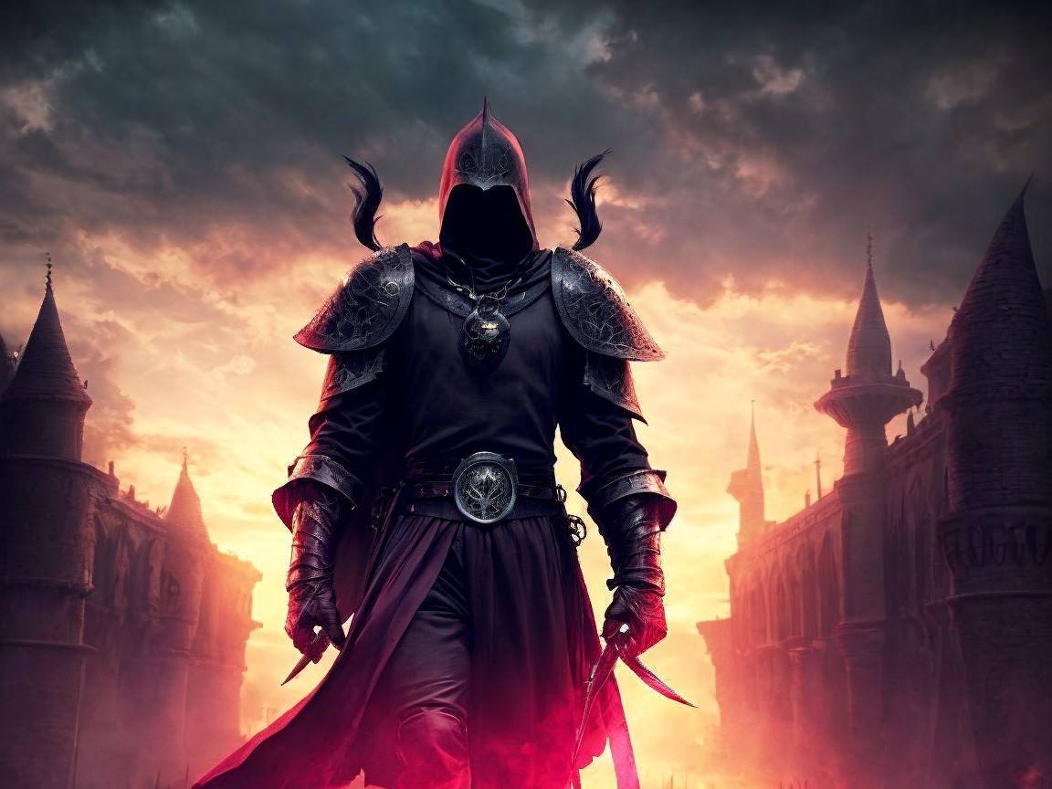 Cloaked Figure in Dark Armor Against Twilight Sky
