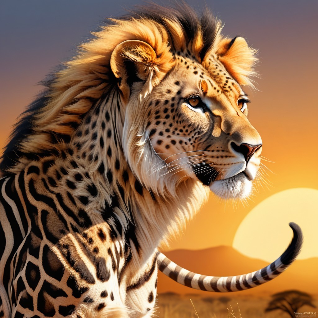 Majestic Lion-Leopard Hybrid Against Sunset Backdrop