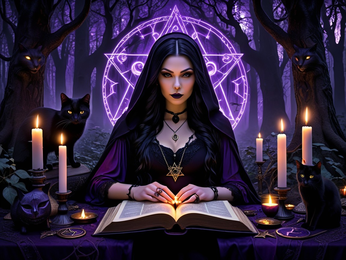 Sorceress at Ritual Table in Dark Forest Setting
