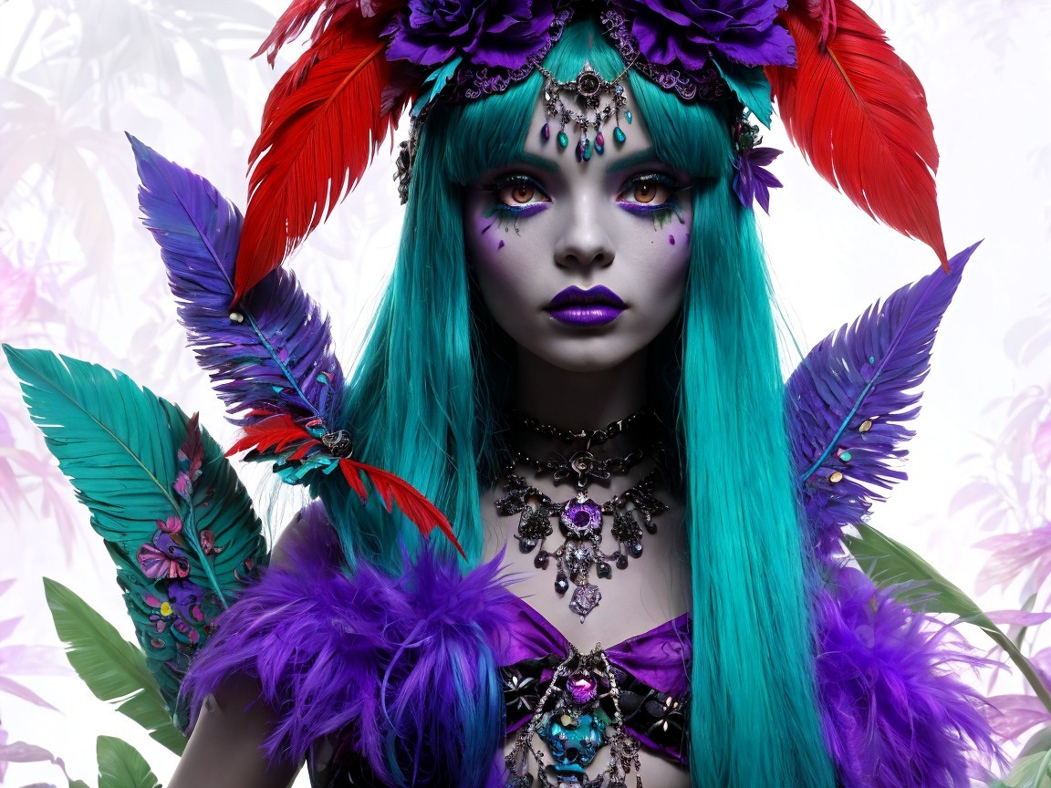 Mystical Figure with Teal Hair and Ethereal Makeup