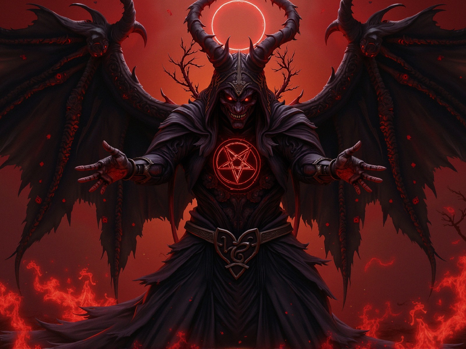 Menacing figure with dark wings and fiery backdrop
