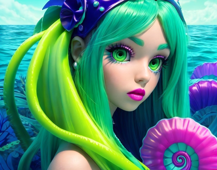 Character with Green Hair in Underwater Scene