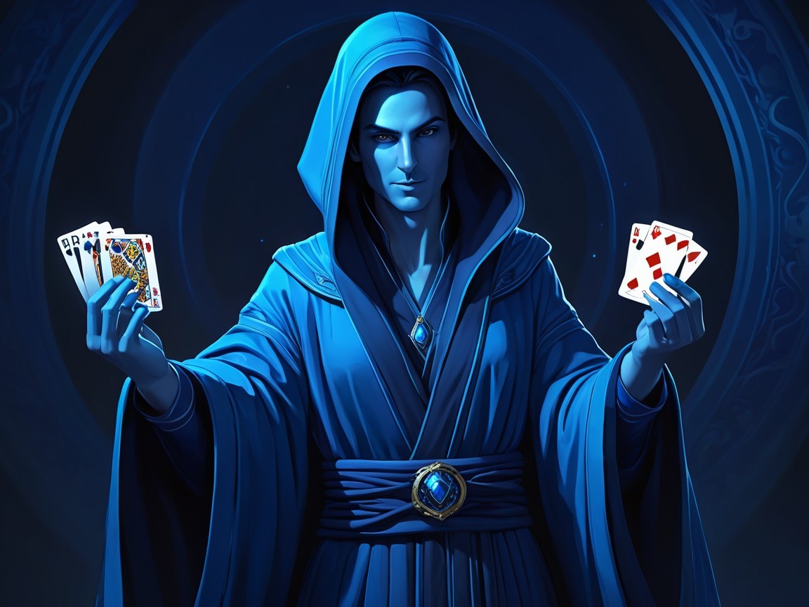Mysterious Figure in Blue Robes with Playing Cards