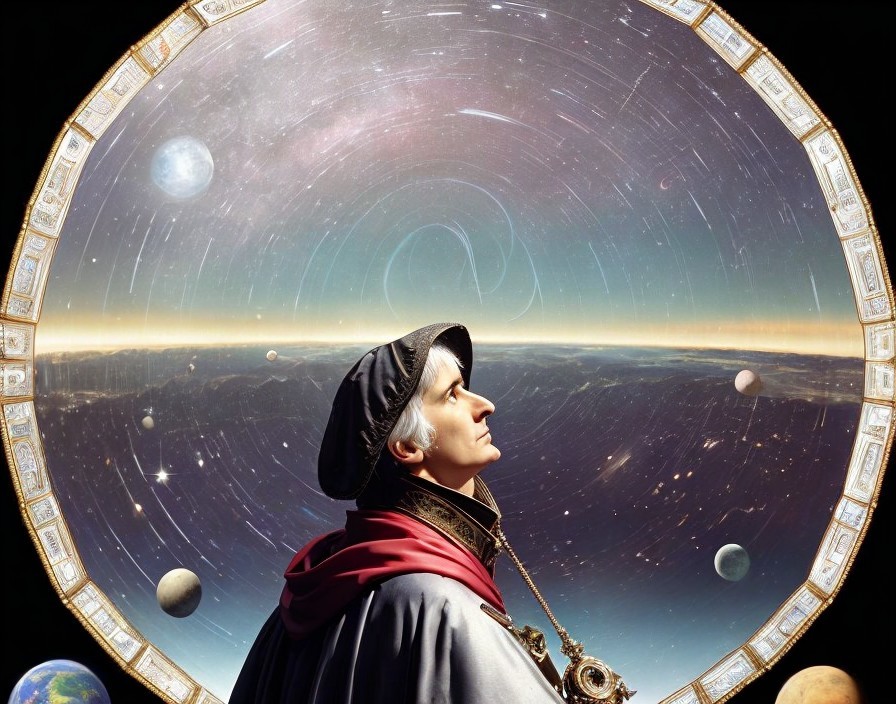 Historical Figure in Cosmic Scene with Celestial Dome