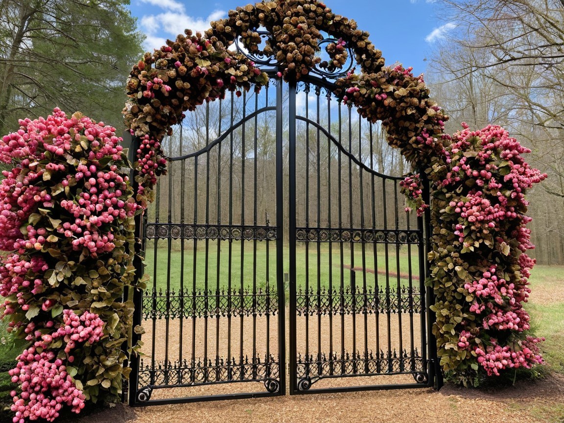 Wrought Iron Gate Surrounded by Lush Greenery and Flowers