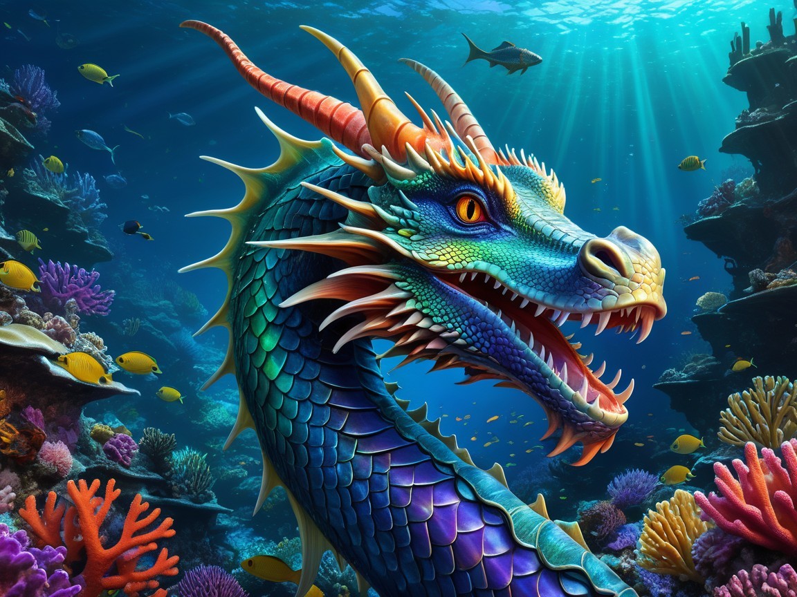 Vibrant Underwater Scene with Majestic Dragon