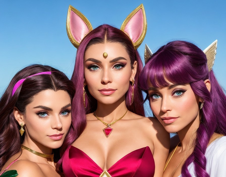 Three Women with Vibrant Hairstyles and Makeup