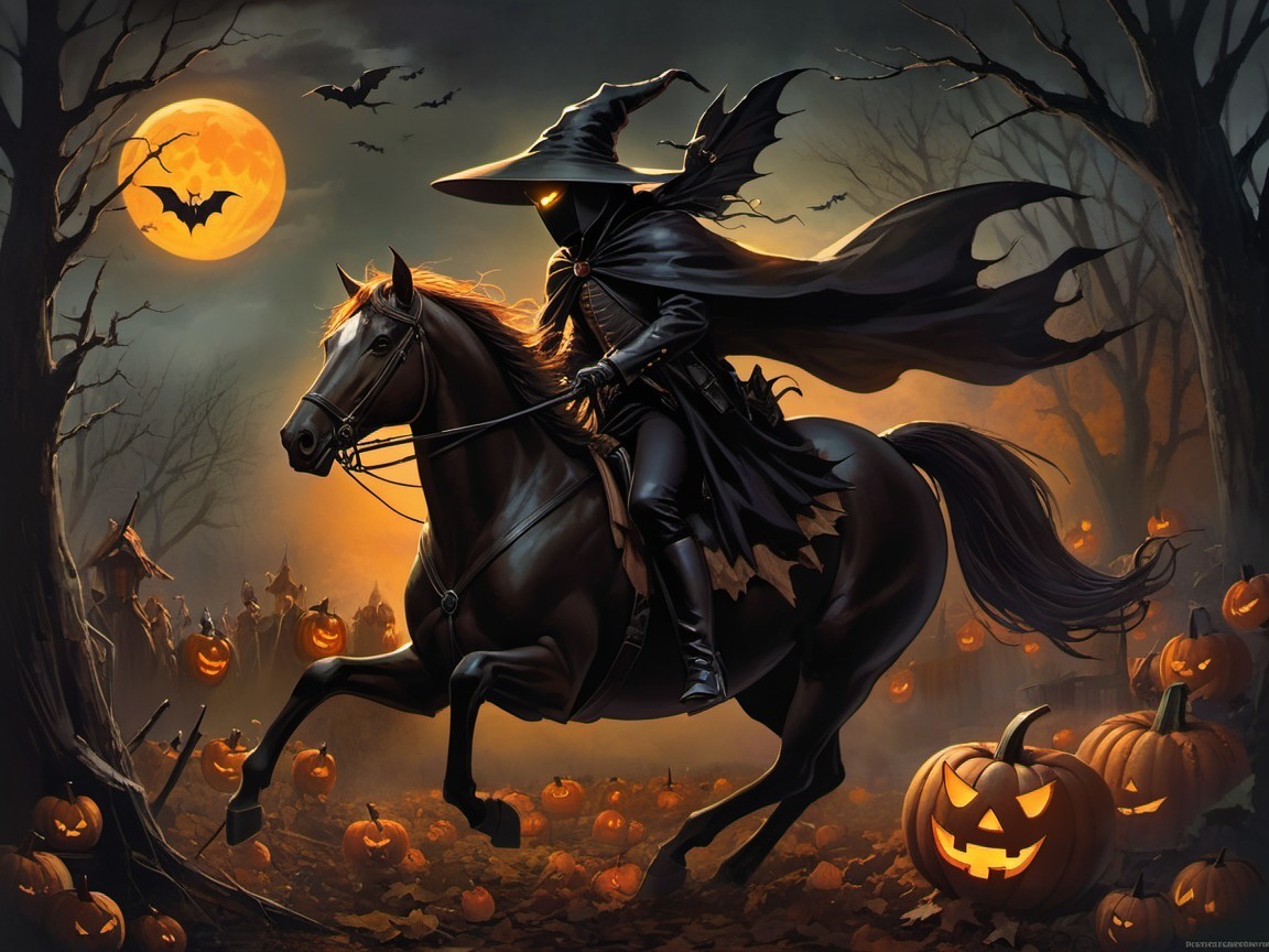 Cloaked Figure on Horse in Halloween Pumpkin Landscape