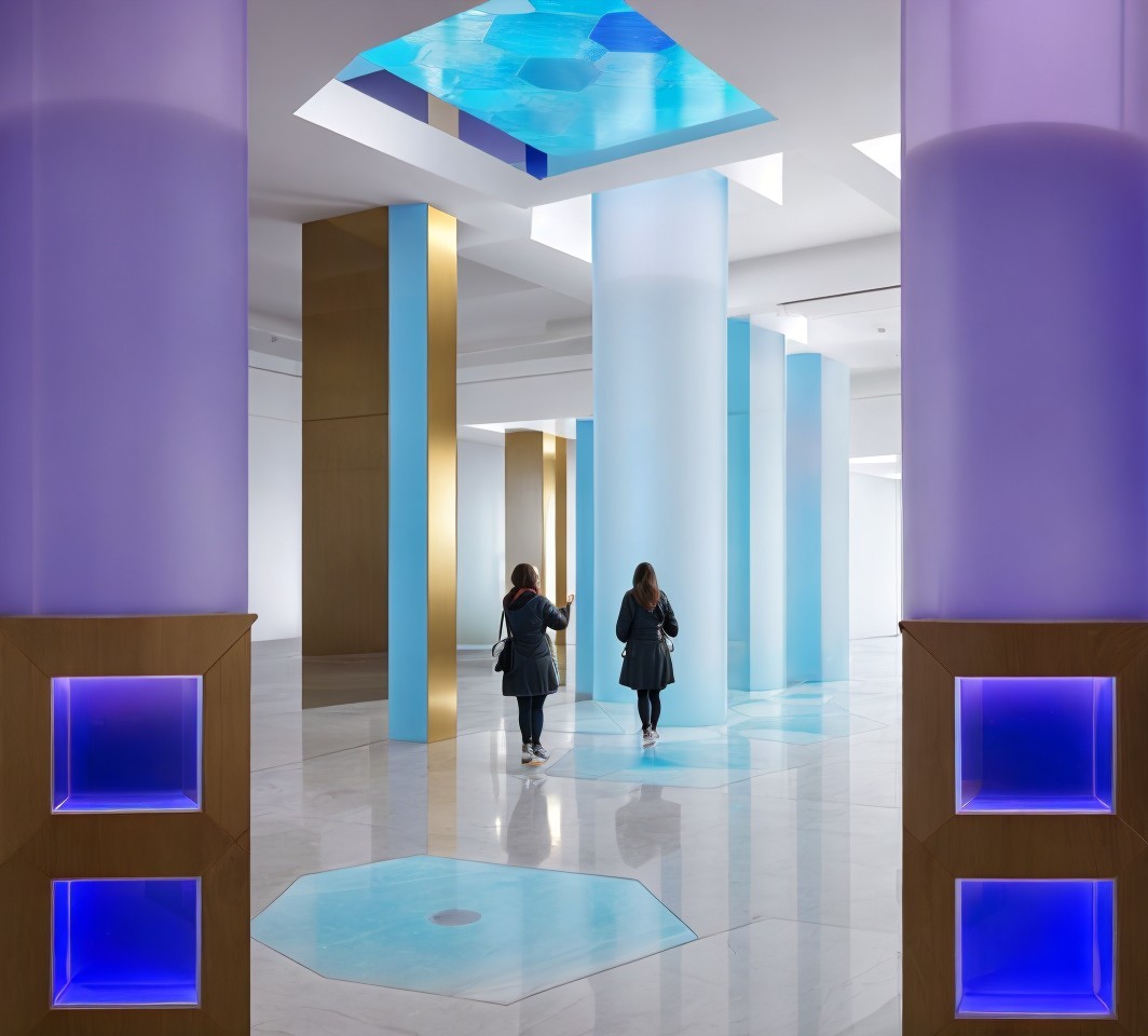 Modern Interior with Vibrant Columns and Geometric Patterns