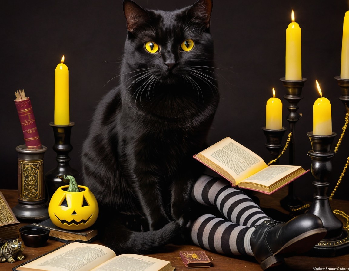 Black Cat in Enchanting Halloween Scene with Candles