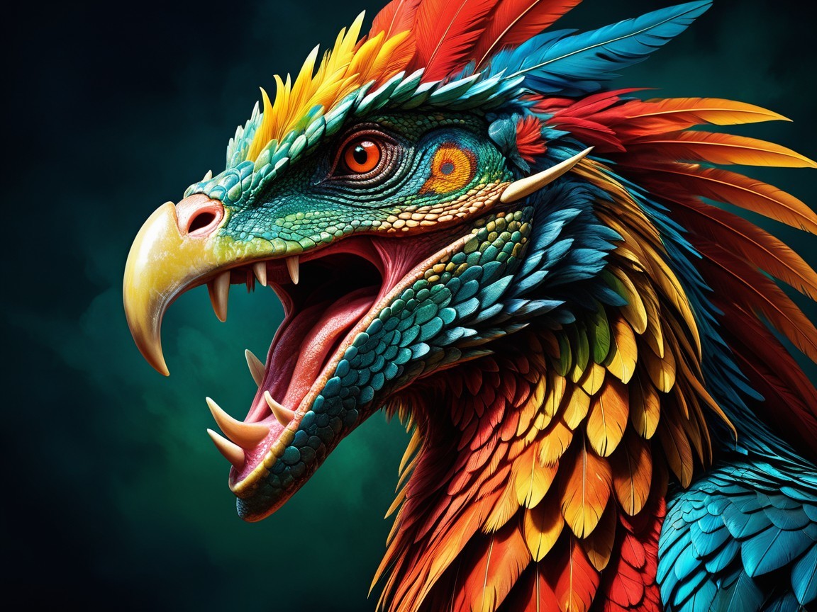 Majestic Dragon-Headed Creature with Vibrant Feathers
