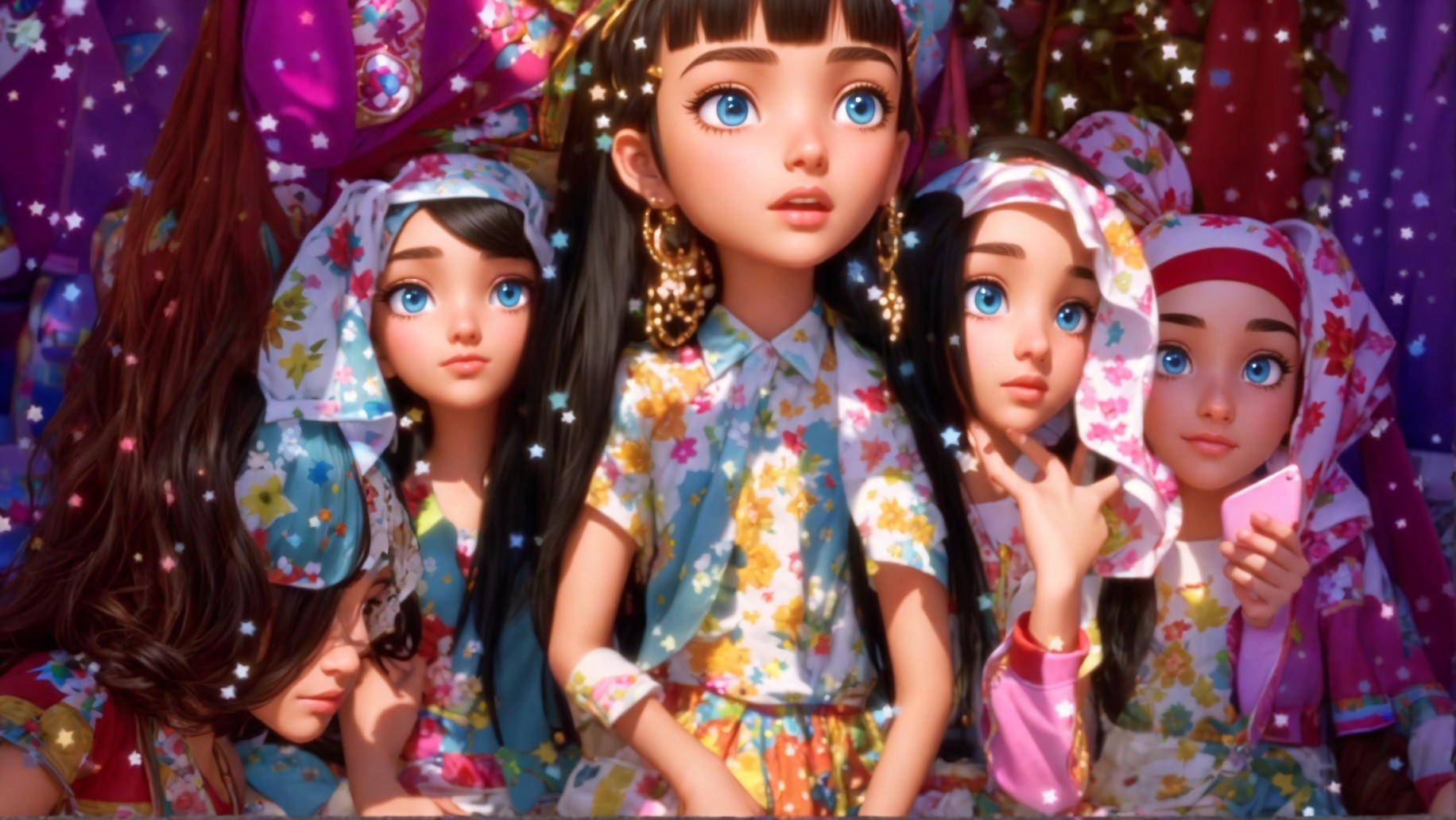Stylized young women in vibrant floral outfits in magic setting
