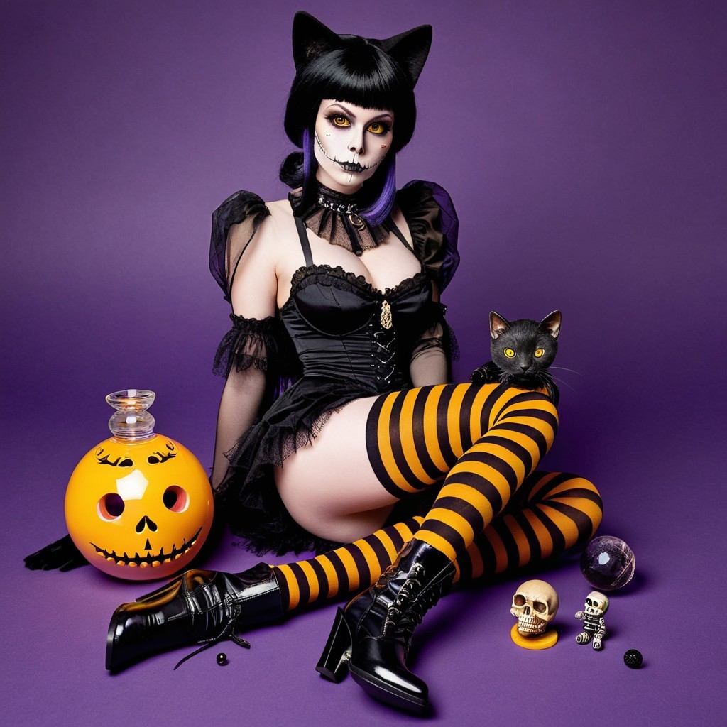 Gothic Figure in Purple Background with Halloween Decor
