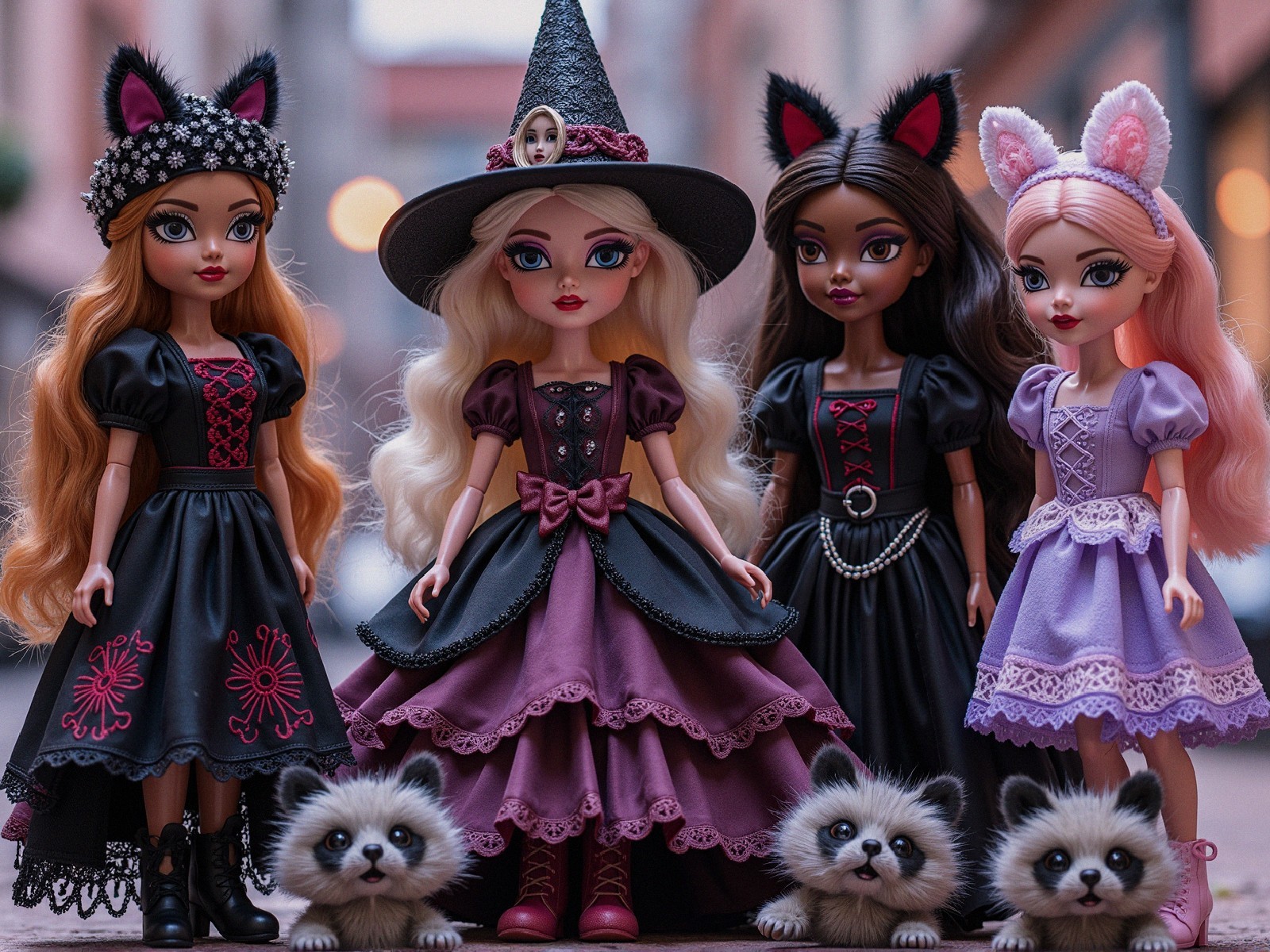 Elegant Dolls in Stylish Costumes with Raccoon Creatures