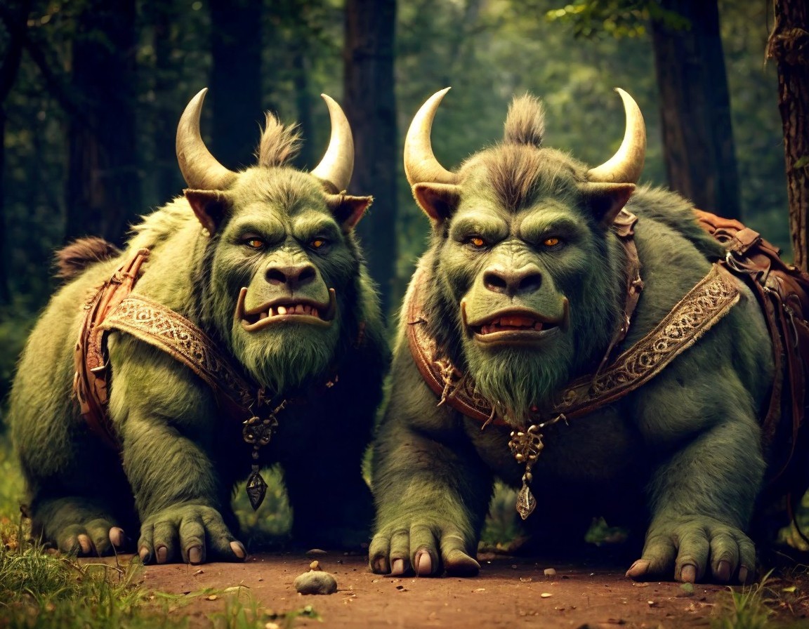 Muscular Orc-like Creatures in Vibrant Forest Setting