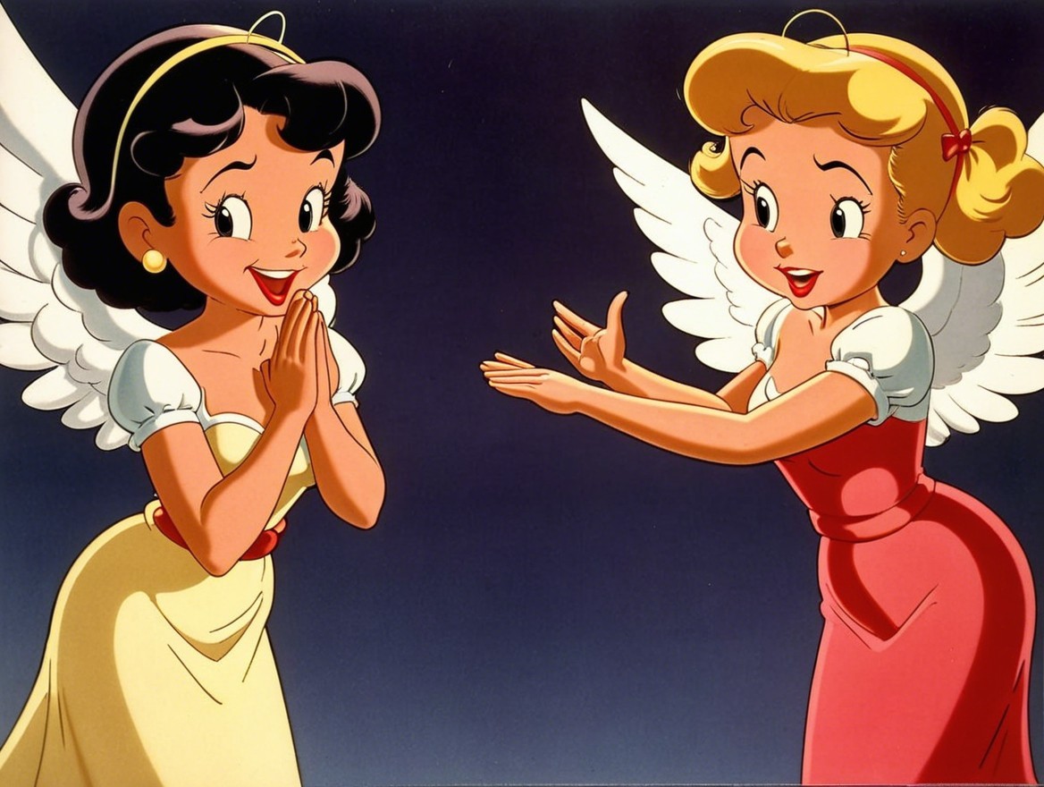 Animated Characters with Angelic Wings in Whimsical Scene