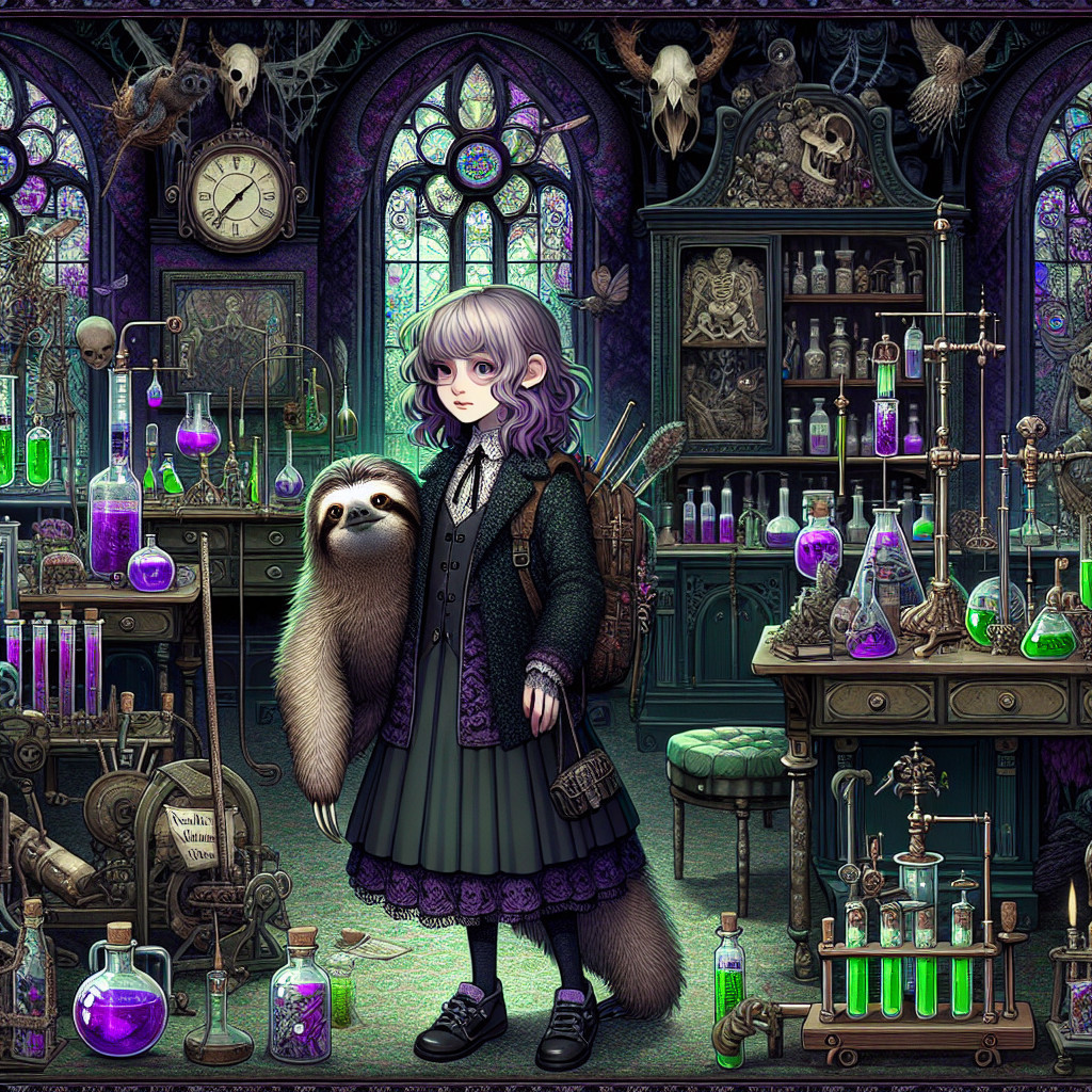 Whimsical Laboratory Scene with Silver-Haired Girl and Sloth