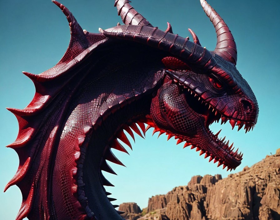 Red Dragon Against Blue Sky with Rugged Landscape