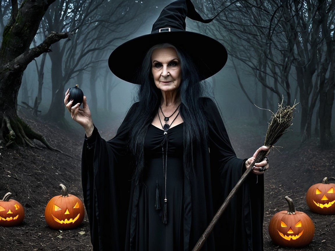 Witch in Foggy Forest with Glowing Pumpkins